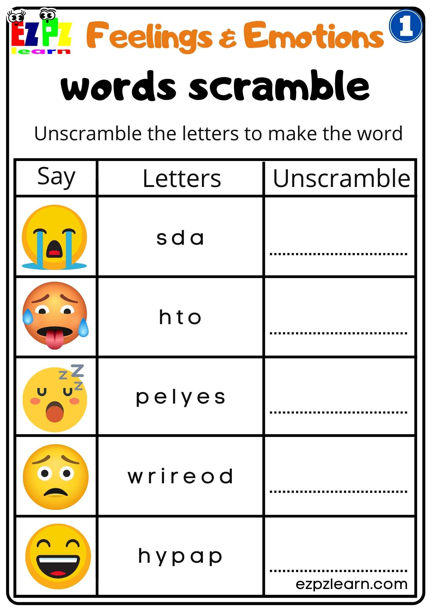 Feelings and Emotions Words Scramble Worksheet for Children and ESL Students Free PDF Download